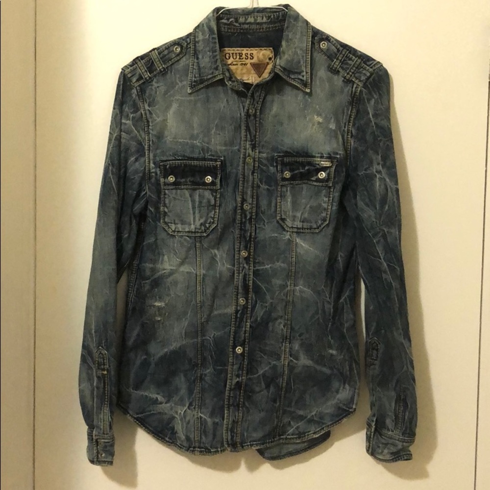 Guess Mens Distressed Long Sleeve Button Up